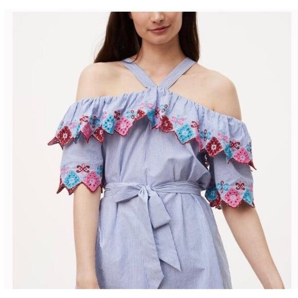 Loft Fiesta Halter Cold Shoulder Poplin Cotton Striped Dress NWT Size M - Picture 14 of 14